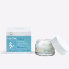 Load image into Gallery viewer, Open jar of Lavido Age Away Replenishing Cream beside its blue box