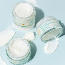 Load image into Gallery viewer, Three open jars of Lavido Age Away Replenishing Cream with cream swatches on light blue