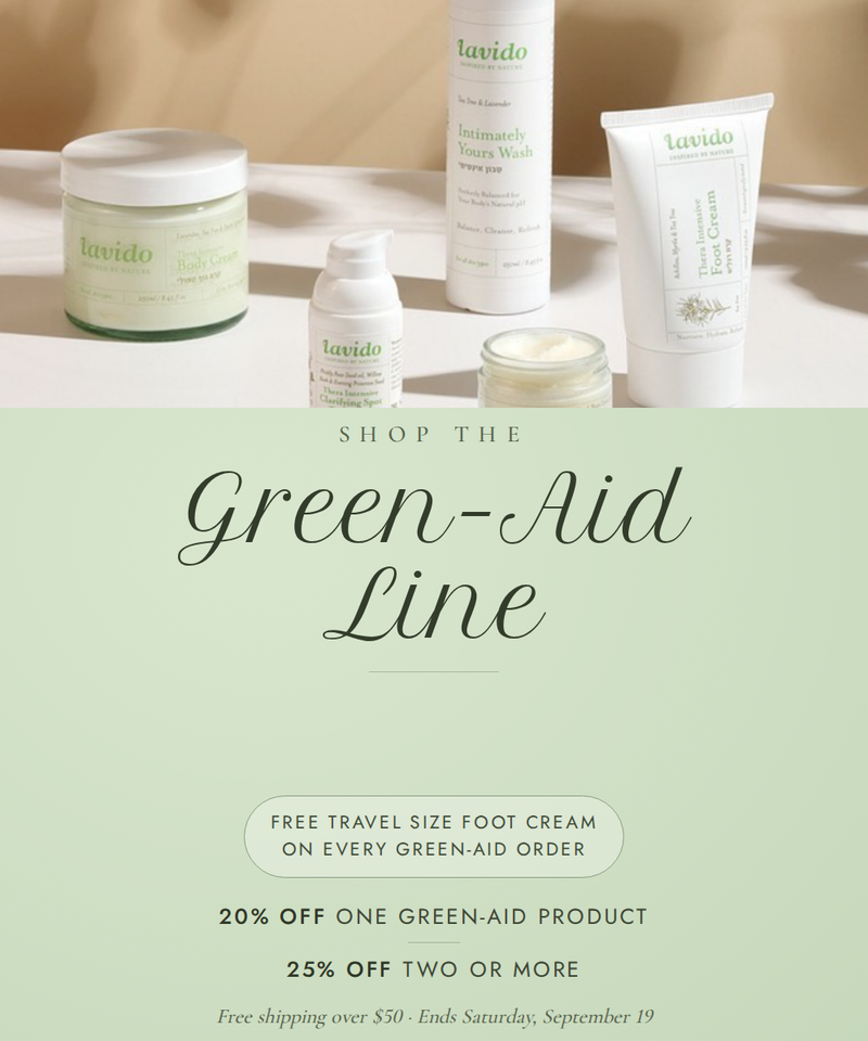Lavido Green-Aid line sale: 20% off one product, 25% off two or more, plus a free travel size foot cream
