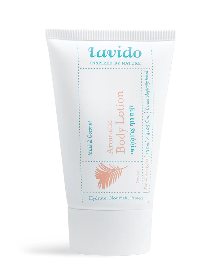 Lavido Musk & Coconut Aromatic Body Lotion 4.05 oz tube on a white background